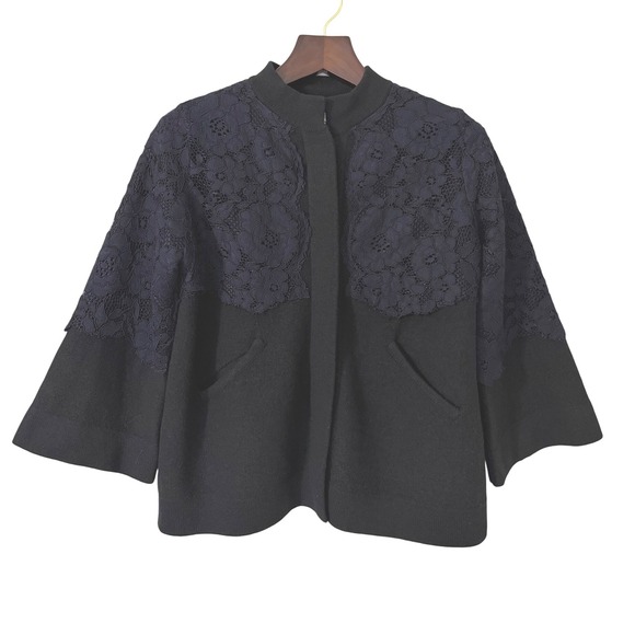Field Flower Jackets & Blazers - Anthropologie Field Flower 100% Wool Black with Navy Blue Lace Trim Jacket Small